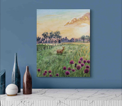 Deer in Meadow Landscape Wild Flowers at Dawn "Morning's Gentle Whisper" Original Watercolor Wall Art By Sarah Webster Smith