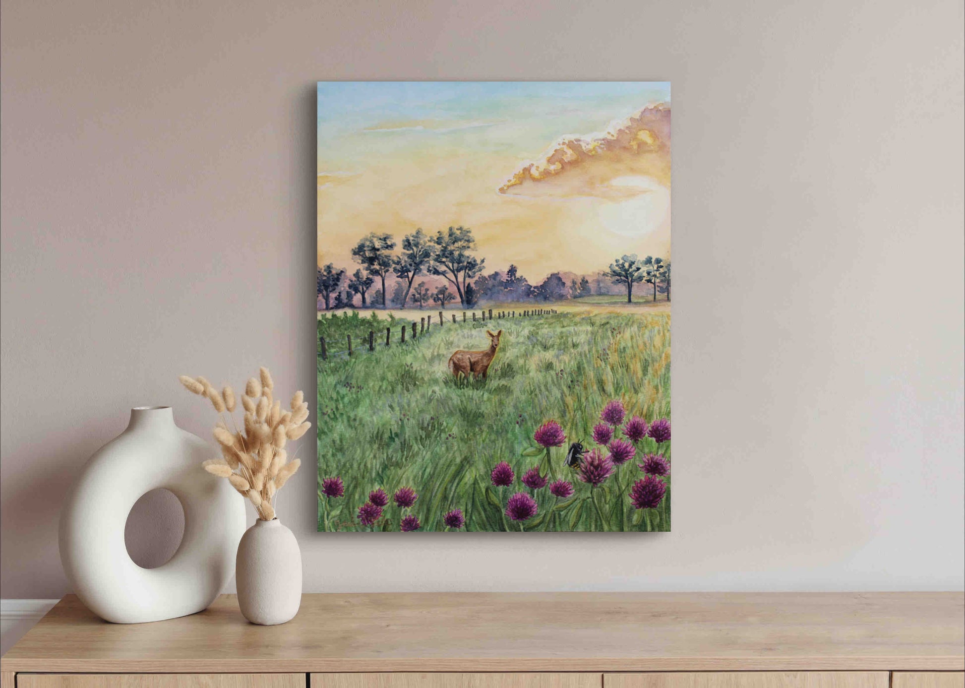 Deer in Meadow Landscape Wild Flowers at Dawn "Morning's Gentle Whisper" Original Watercolor Wall Art By Sarah Webster Smith