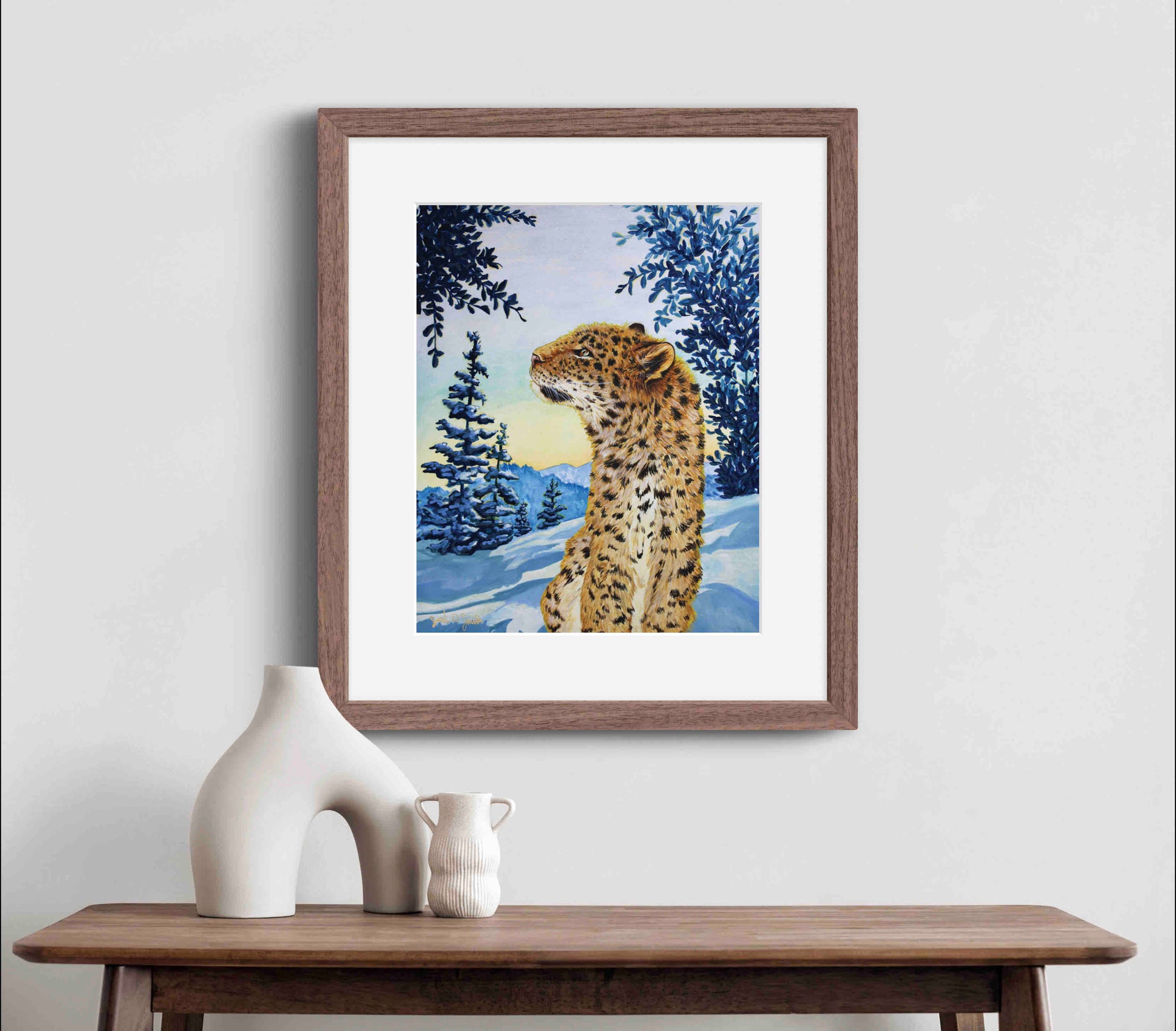 Snow Leopard Painting Morning Sun Mountains Watercolor "Warm Wisp" Wall Art Prints by Sarah Webster Smith