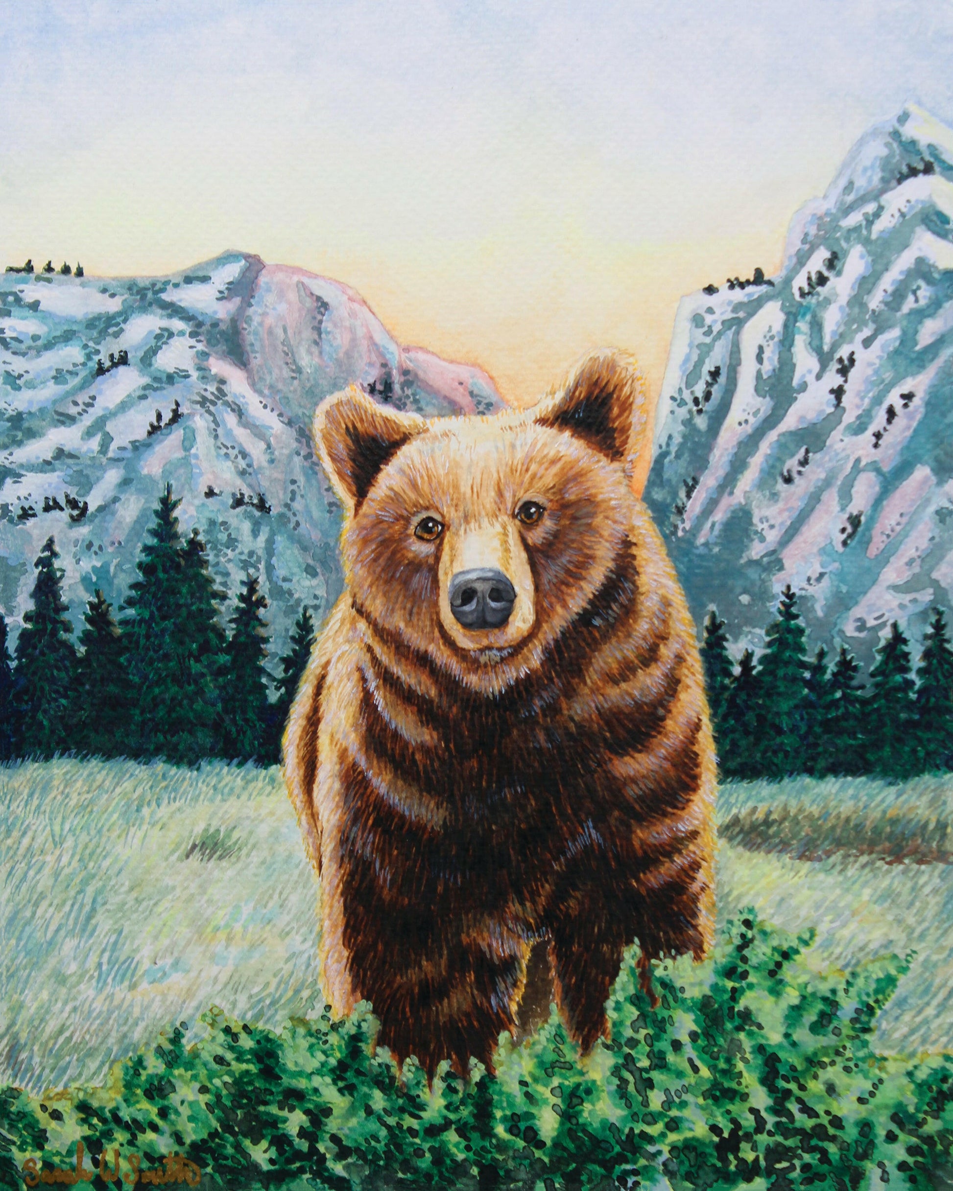 Grizzly Bear with Mountains Watercolor Painting Animal Art  "Soulful Sentinel" Wall Art by Sarah Webster Smith LLC