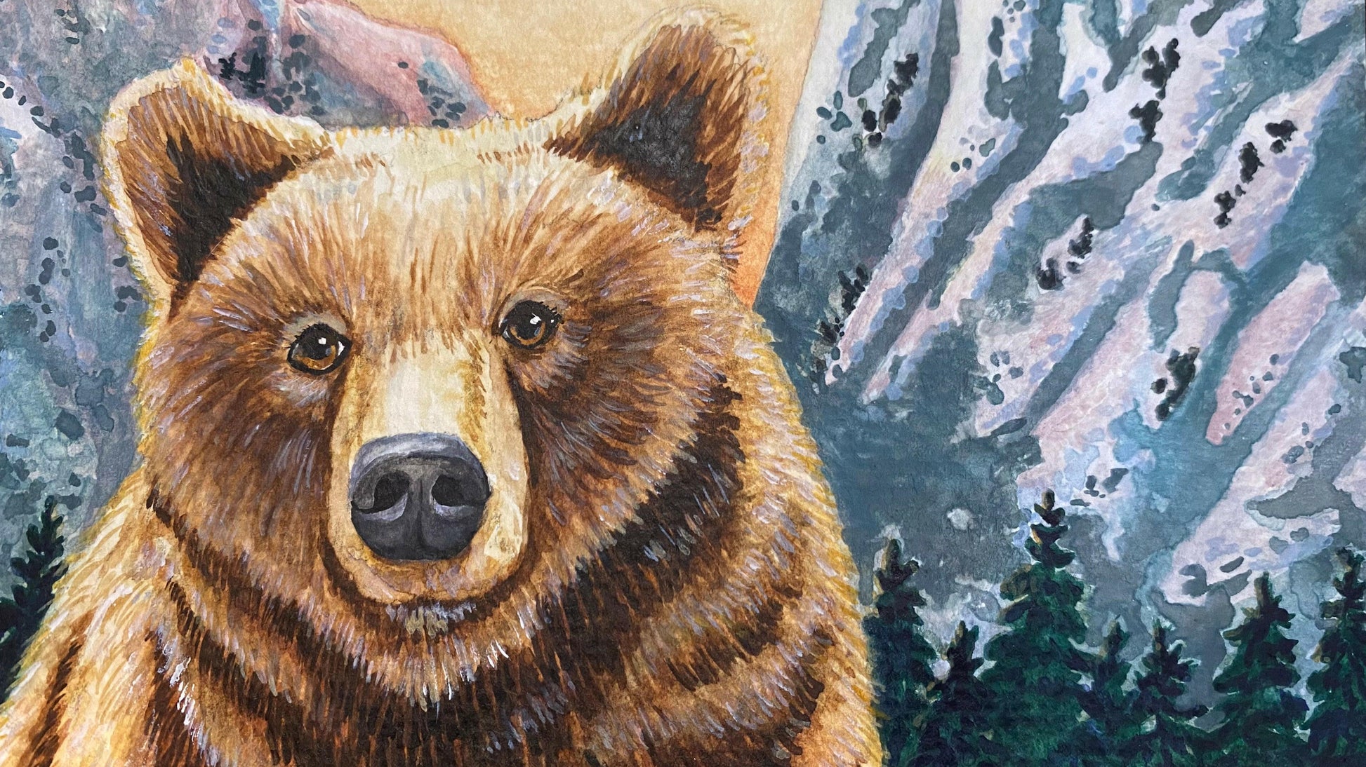 Grizzly Bear with Mountains Watercolor Painting Animal Art  "Soulful Sentinel" Wall Art by Sarah Webster Smith LLC