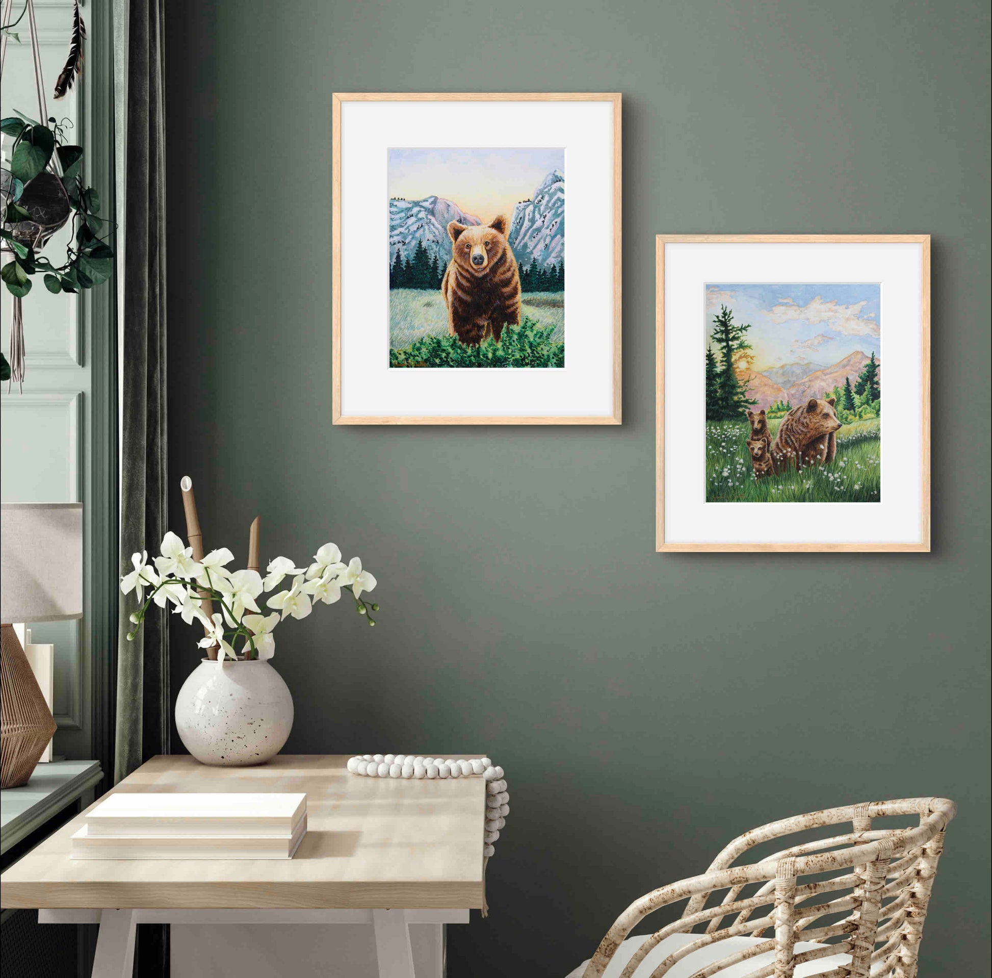 Grizzly Bear with Mountains Watercolor Painting Animal Art  "Soulful Sentinel" Wall Art Prints by Sarah Webster Smith LLC