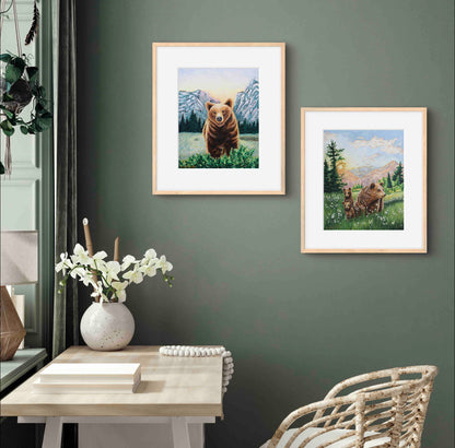 Grizzly Bear with Mountains Watercolor Painting Animal Art  "Soulful Sentinel" Wall Art Prints by Sarah Webster Smith LLC