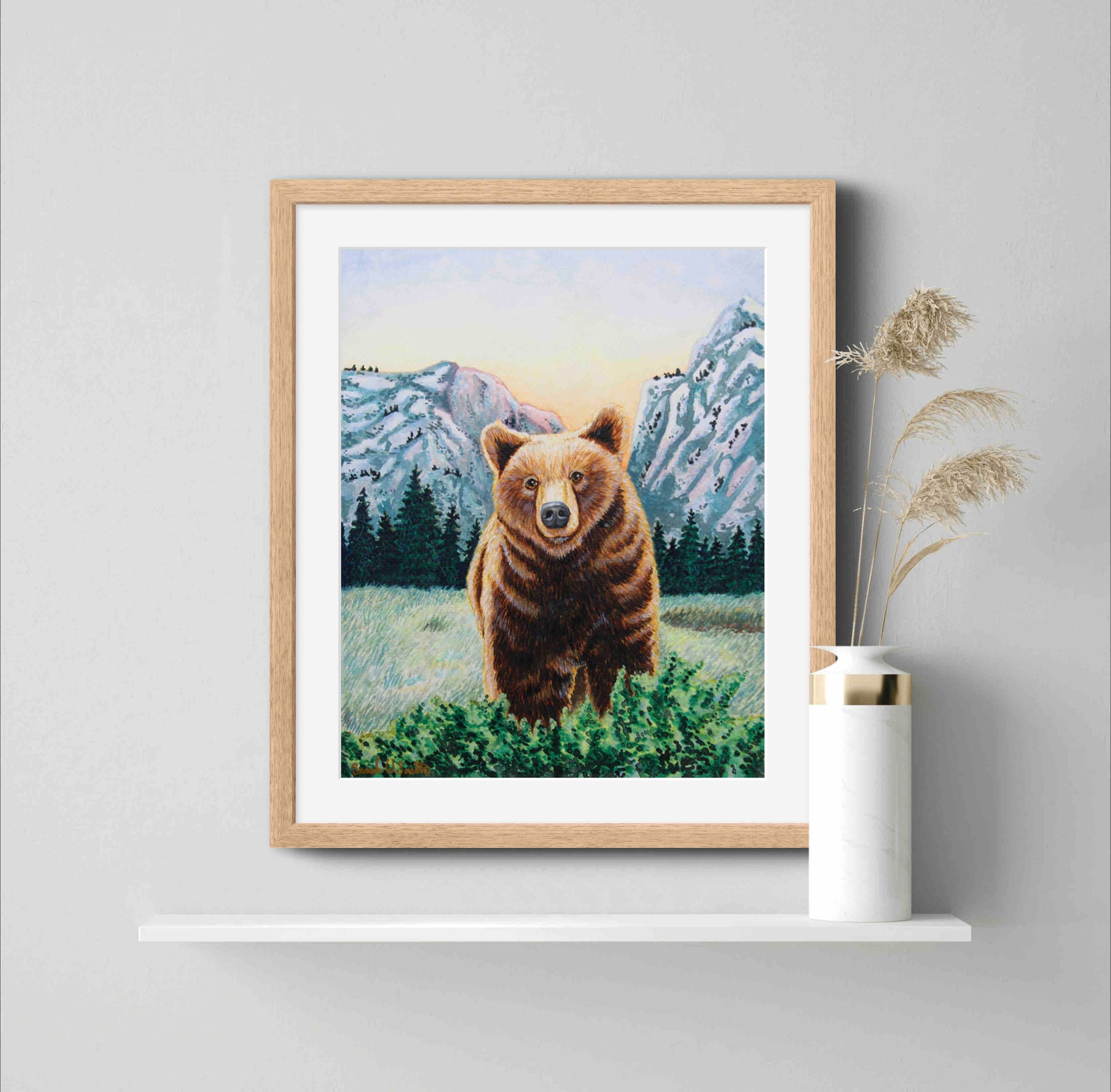 Grizzly Bear with Mountains Watercolor Painting Animal Art  "Soulful Sentinel" Wall Art Prints by Sarah Webster Smith LLC