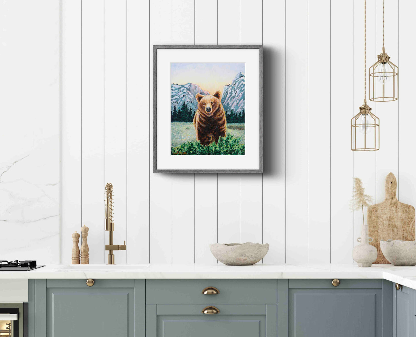 Grizzly Bear with Mountains Watercolor Painting Animal Art  "Soulful Sentinel" Wall Art Prints by Sarah Webster Smith LLC