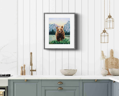 Grizzly Bear with Mountains Watercolor Painting Animal Art  "Soulful Sentinel" Wall Art Prints by Sarah Webster Smith LLC