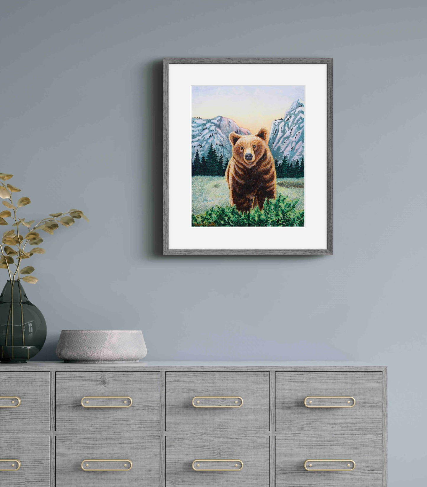 Grizzly Bear with Mountains Watercolor Painting Animal Art  "Soulful Sentinel" Wall Art Prints by Sarah Webster Smith LLC