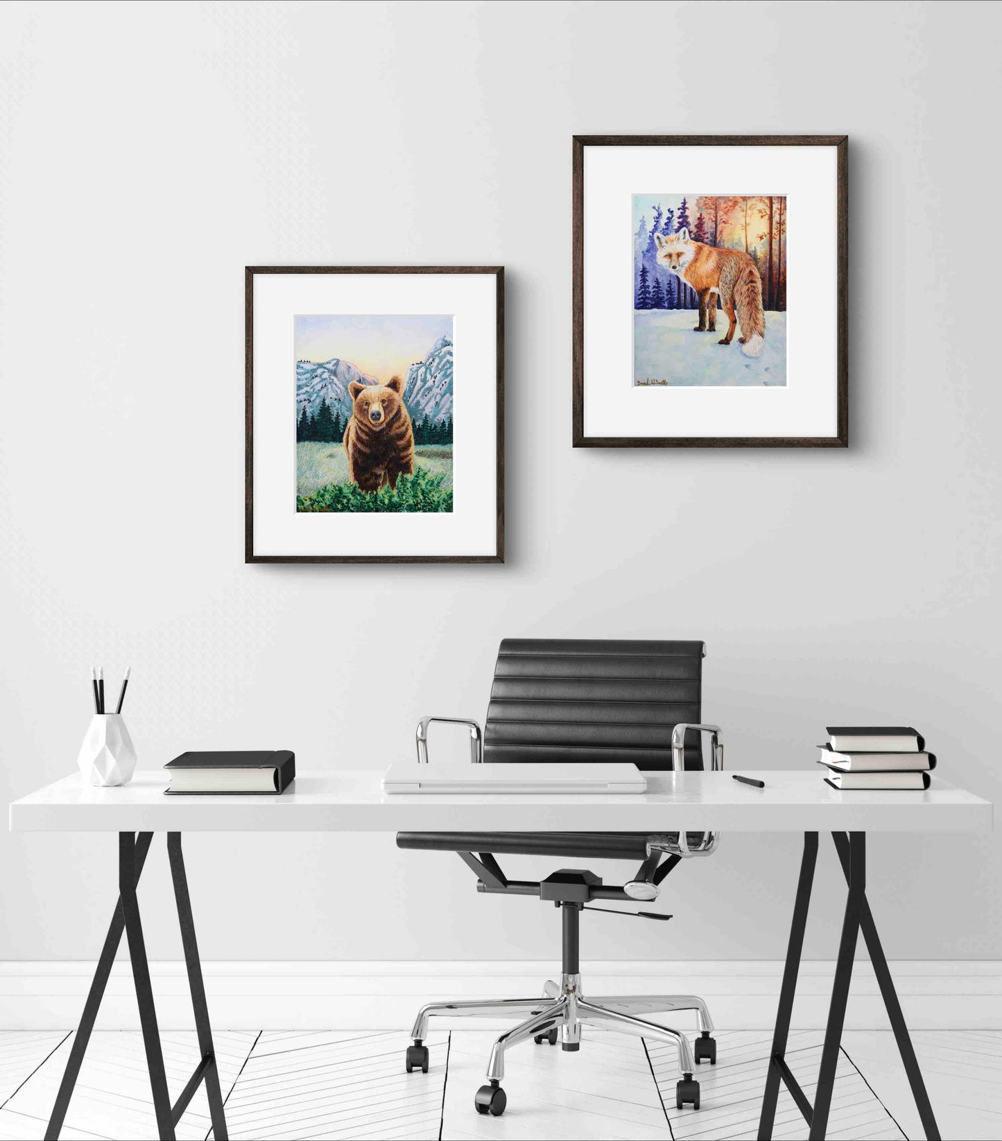 Grizzly Bear with Mountains Watercolor Painting Animal Art  "Soulful Sentinel" Wall Art Prints by Sarah Webster Smith LLC