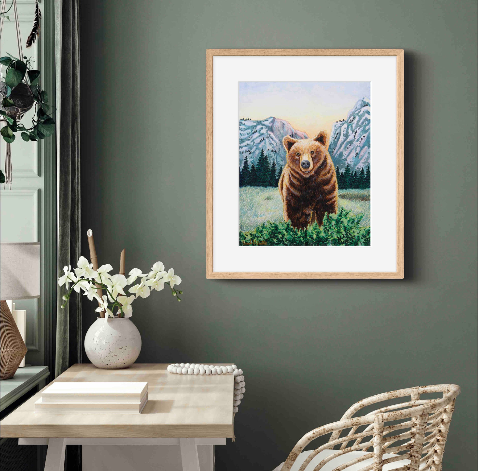 Grizzly Bear with Mountains Watercolor Painting Animal Art  "Soulful Sentinel" Wall Art Prints by Sarah Webster Smith LLC