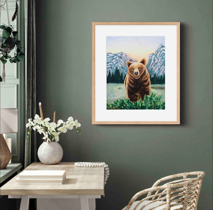 Grizzly Bear with Mountains Watercolor Painting Animal Art  "Soulful Sentinel" Wall Art Prints by Sarah Webster Smith LLC