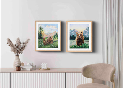 Grizzly Bear with Mountains Watercolor Painting Animal Art  "Soulful Sentinel" Wall Art Prints by Sarah Webster Smith LLC