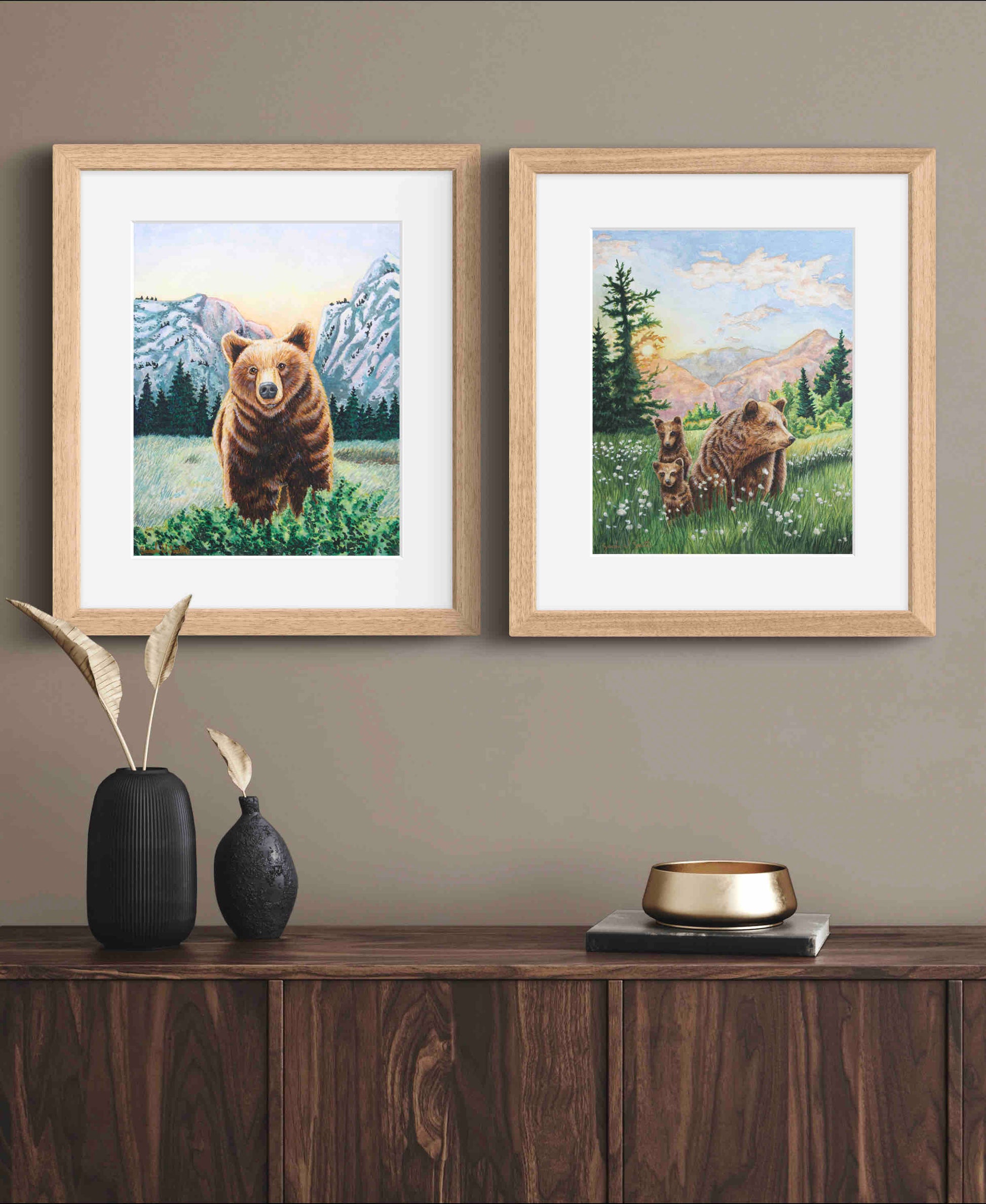 Grizzly Bear with Mountains Watercolor Painting Animal Art  "Soulful Sentinel" Wall Art Prints by Sarah Webster Smith LLC