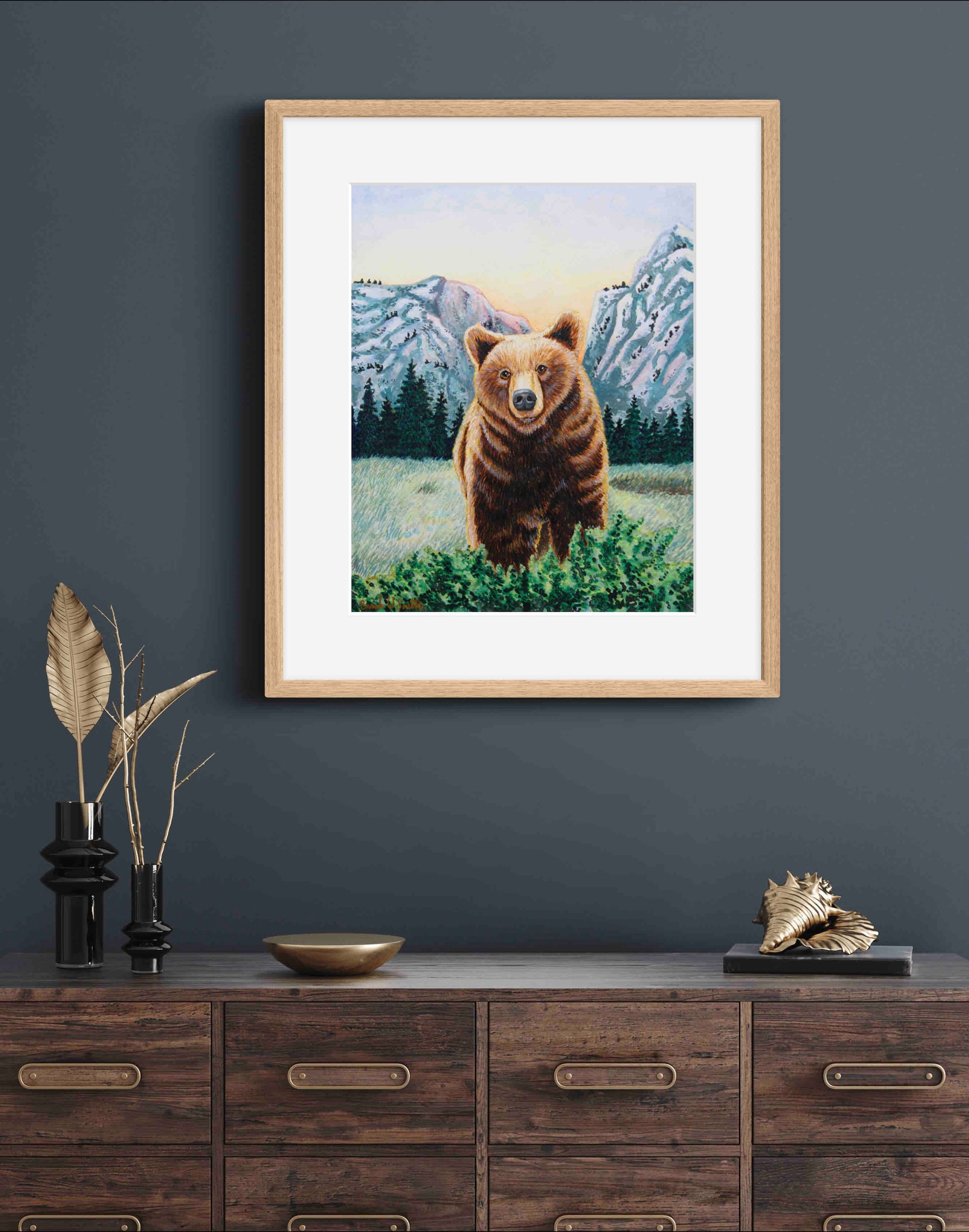 Grizzly Bear with Mountains Watercolor Painting Animal Art  "Soulful Sentinel" Wall Art Prints by Sarah Webster Smith LLC