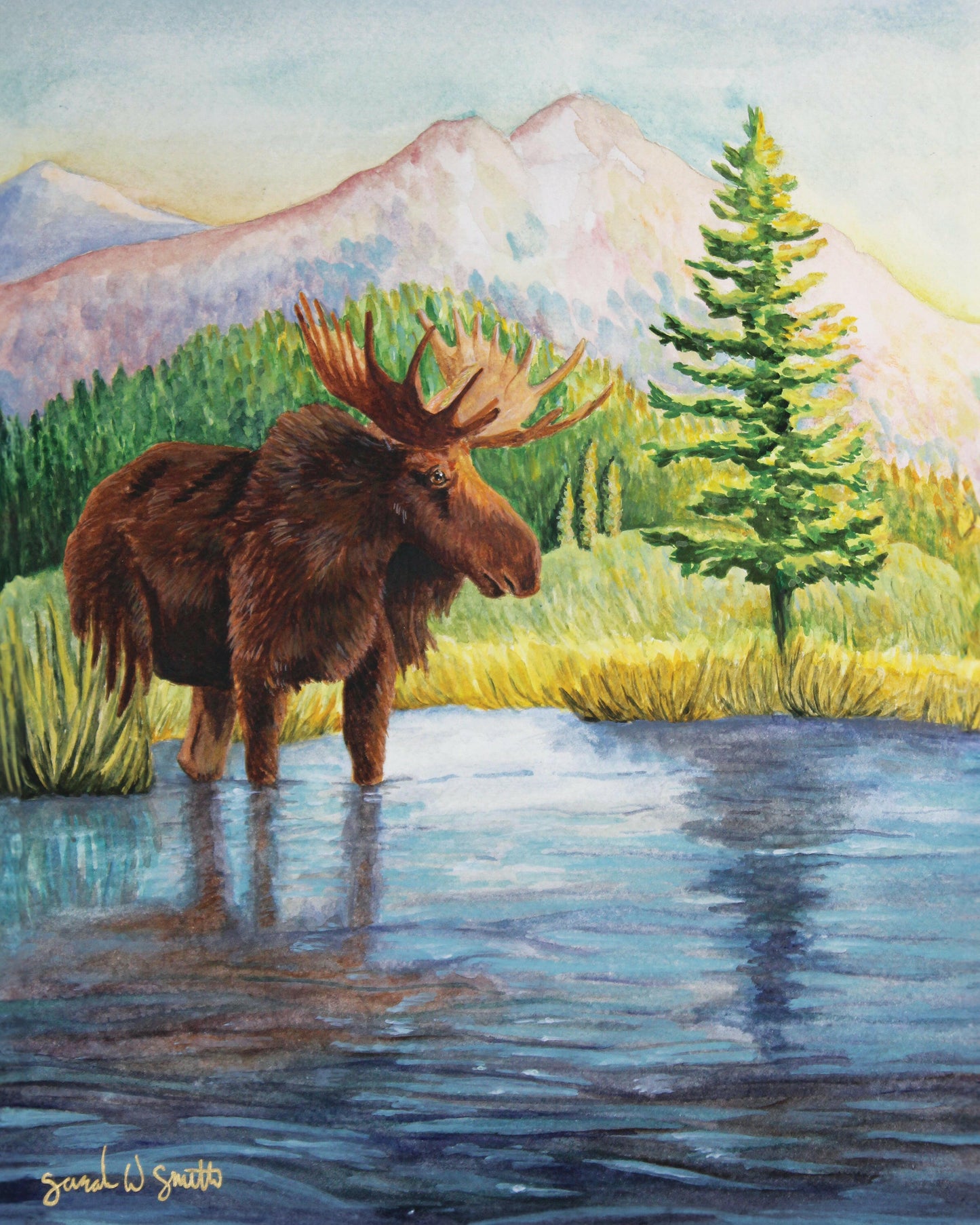 Moose Nature Mountain Meadow "Highland Hues" Original Watercolor Wall Art By Sarah Webster Smith