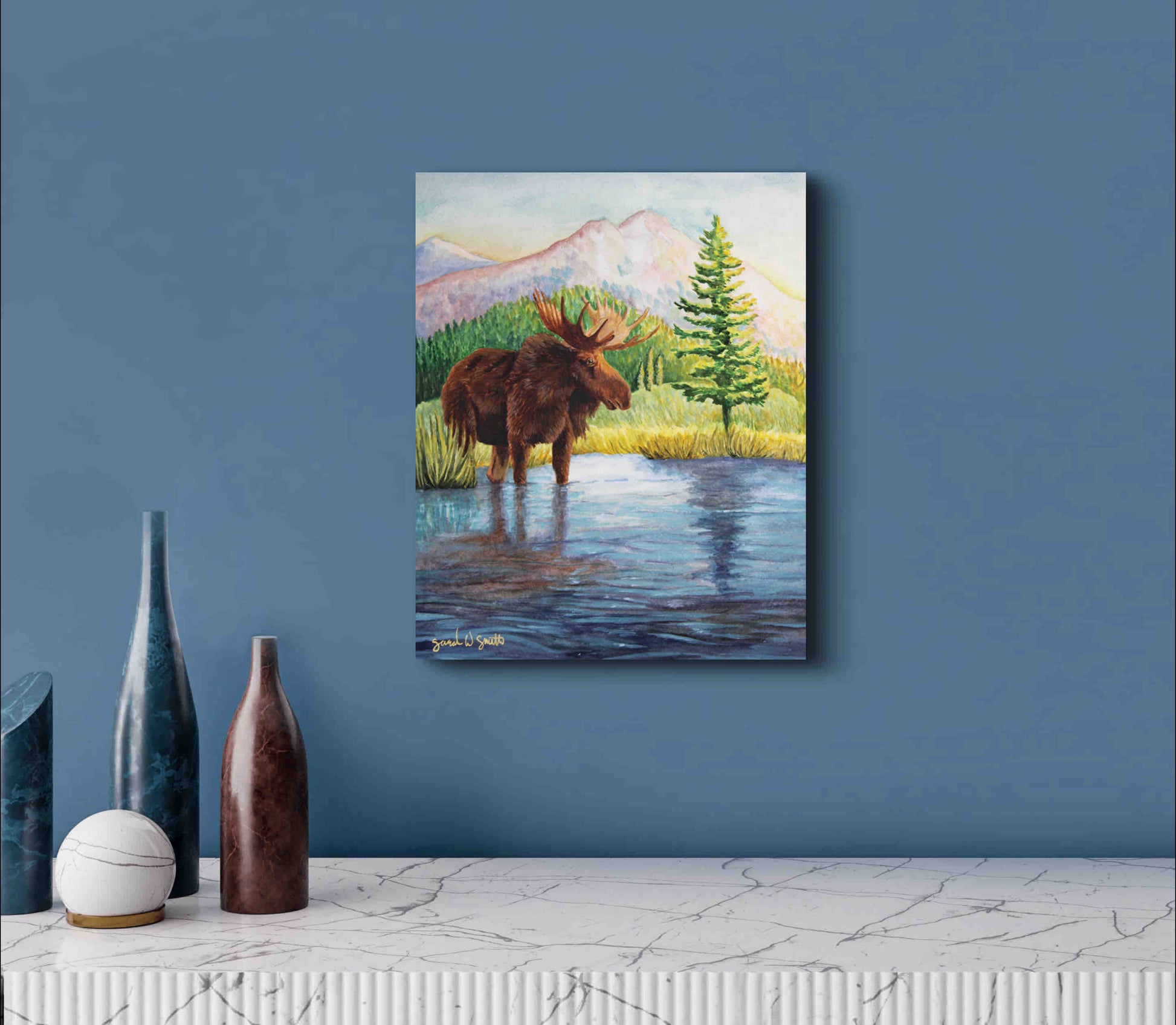Moose Nature Mountain Meadow "Highland Hues" Original Watercolor Wall Art By Sarah Webster Smith