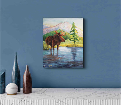 Moose Nature Mountain Meadow "Highland Hues" Original Watercolor Wall Art By Sarah Webster Smith