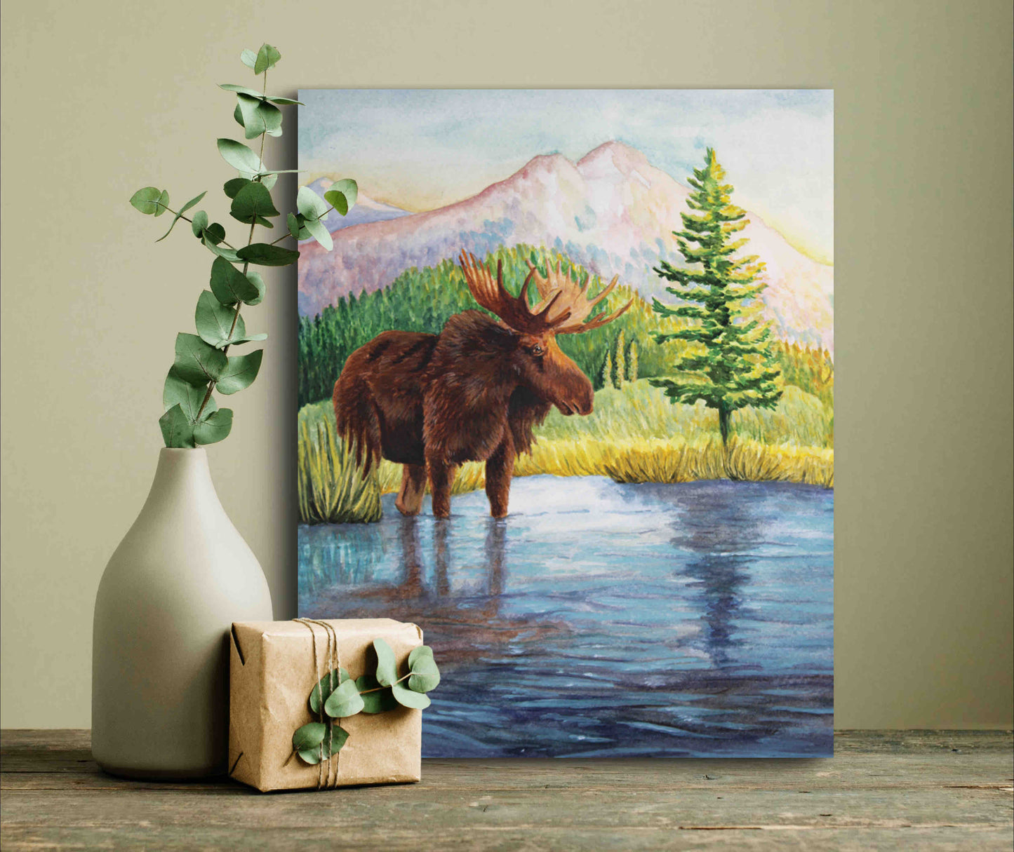 Moose Nature Mountain Meadow "Highland Hues" Original Watercolor Wall Art By Sarah Webster Smith