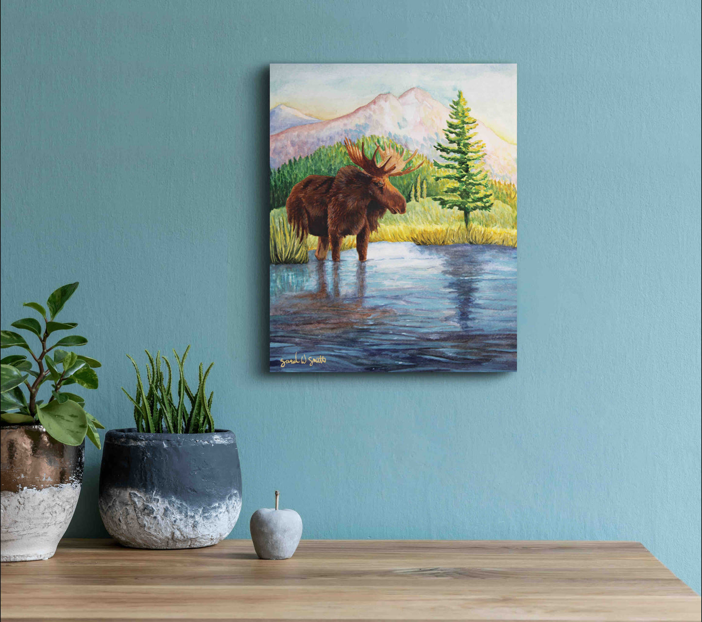 Moose Nature Mountain Meadow "Highland Hues" Original Watercolor Wall Art By Sarah Webster Smith