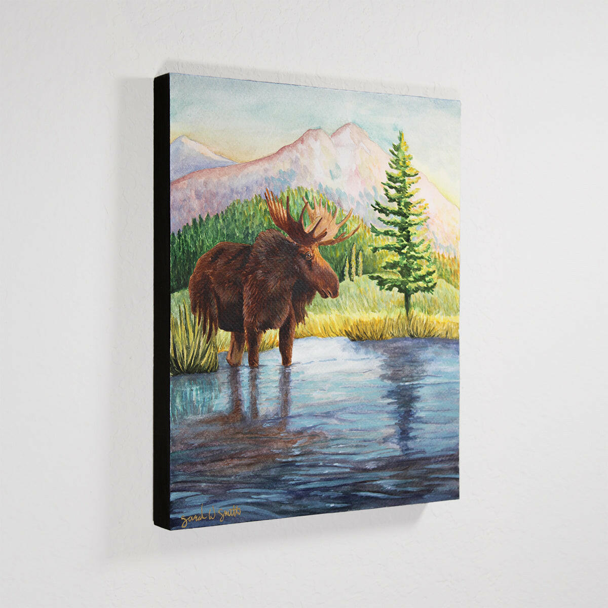 Moose Nature Mountain Meadow "Highland Hues" Original Watercolor Wall Art By Sarah Webster Smith