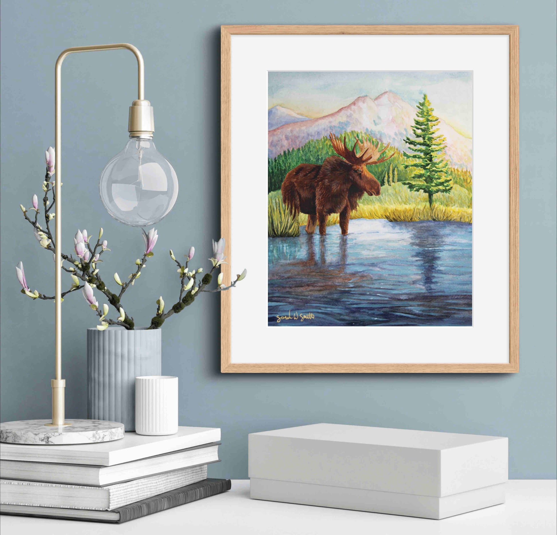 Moose Nature Watercolor Mountain Meadow "Highland Hues" Limited-Edition Art Prints By Sarah Webster Smith