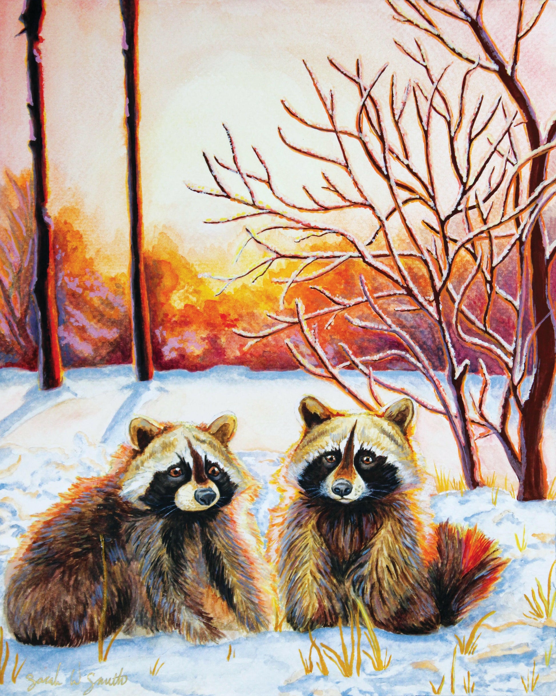 Raccoon Forest Sunrise Watercolor Painting Wall Art Decor "Sprightly Bandits" Art Prints by Sarah Webster Smith