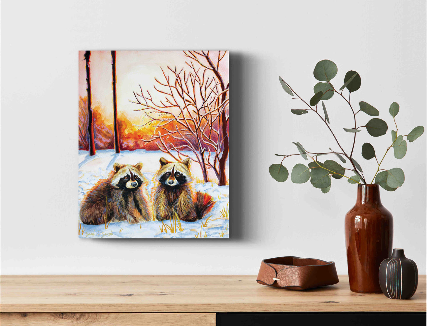 Raccoon Forest Sunrise Watercolor Painting Wall Art Decor "Sprightly Bandits" Art Prints by Sarah Webster Smith