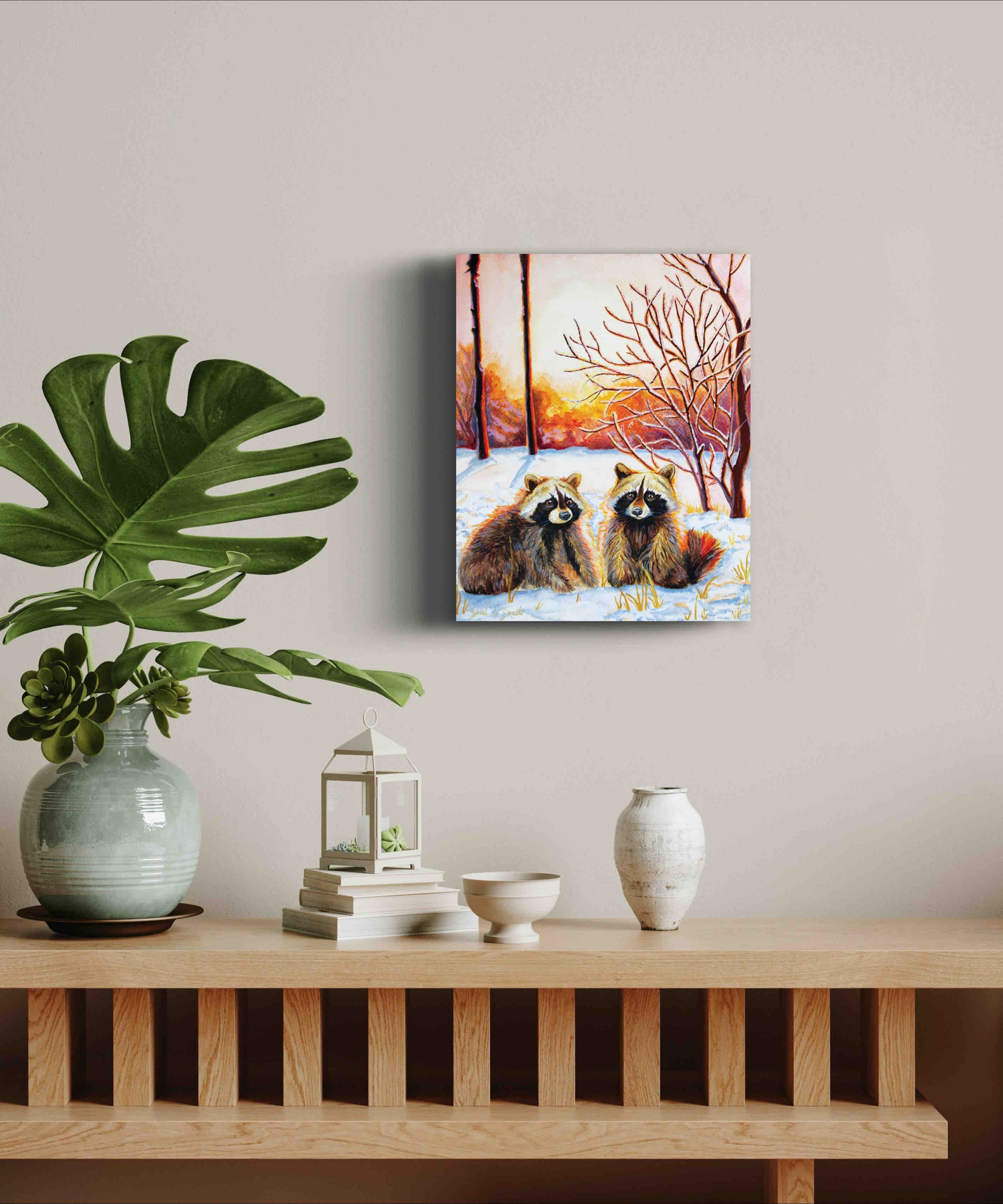 Raccoon Forest Sunrise Watercolor Painting Wall Art Decor "Sprightly Bandits" Art Prints by Sarah Webster Smith