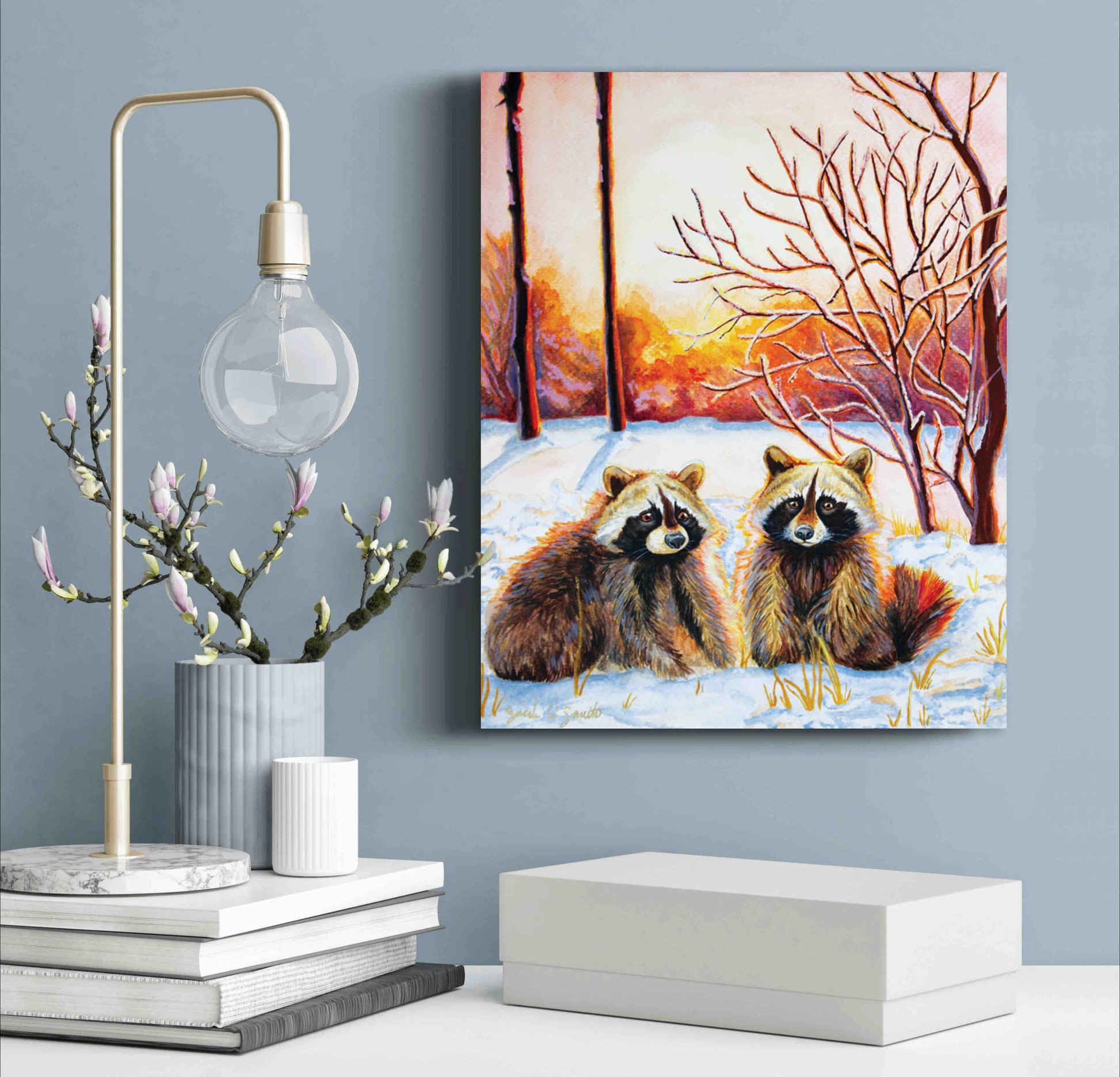 Raccoon Forest Sunrise Watercolor Painting Wall Art Decor "Sprightly Bandits" Art Prints by Sarah Webster Smith