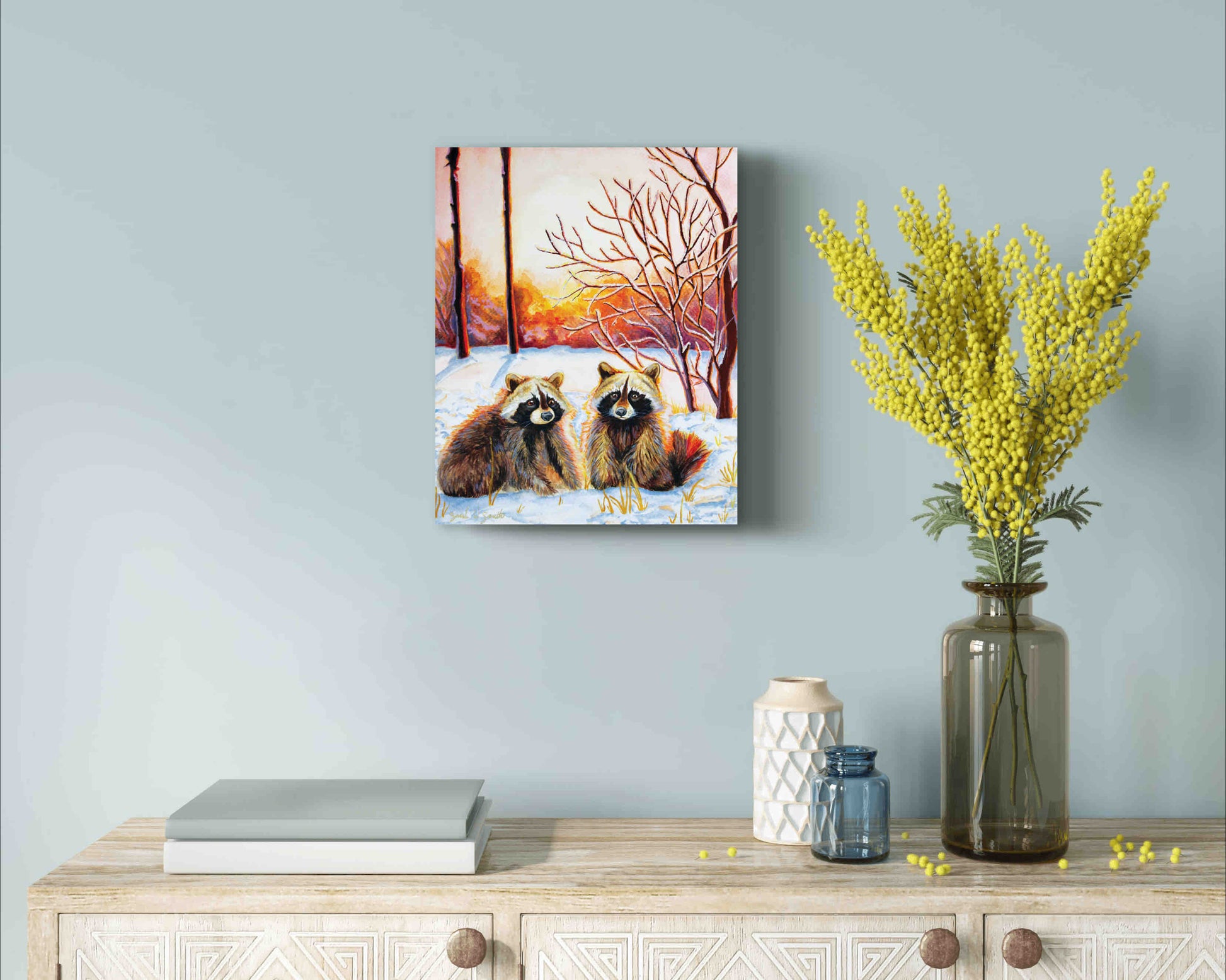 Raccoon Forest Sunrise Watercolor Painting Wall Art Decor "Sprightly Bandits" Art Prints by Sarah Webster Smith