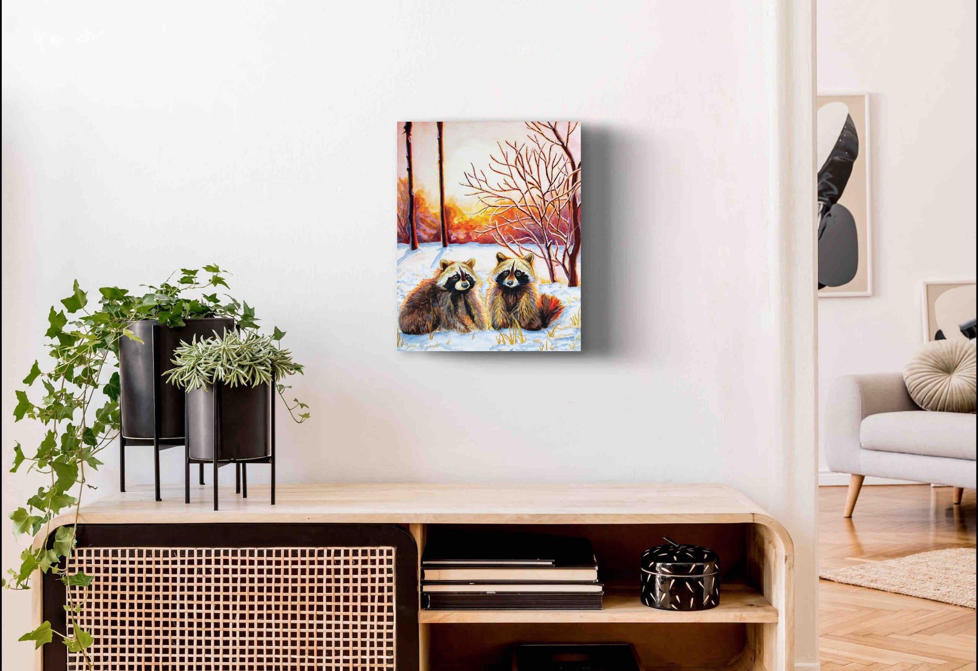 Raccoon Forest Sunrise Watercolor Painting Wall Art Decor "Sprightly Bandits" Art Prints by Sarah Webster Smith