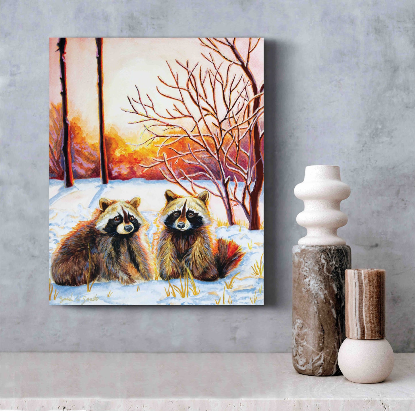 Raccoon Forest Sunrise Watercolor Painting Wall Art Decor "Sprightly Bandits" Art Prints by Sarah Webster Smith