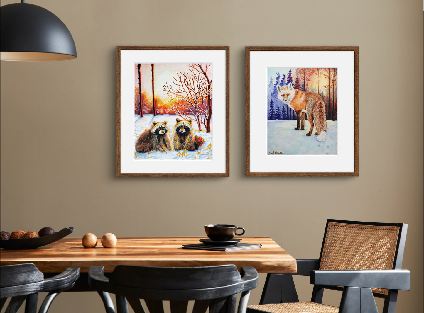 Raccoon Forest Sunrise Watercolor Painting Wall Art Decor "Sprightly Bandits" Art Prints by Sarah Webster Smith