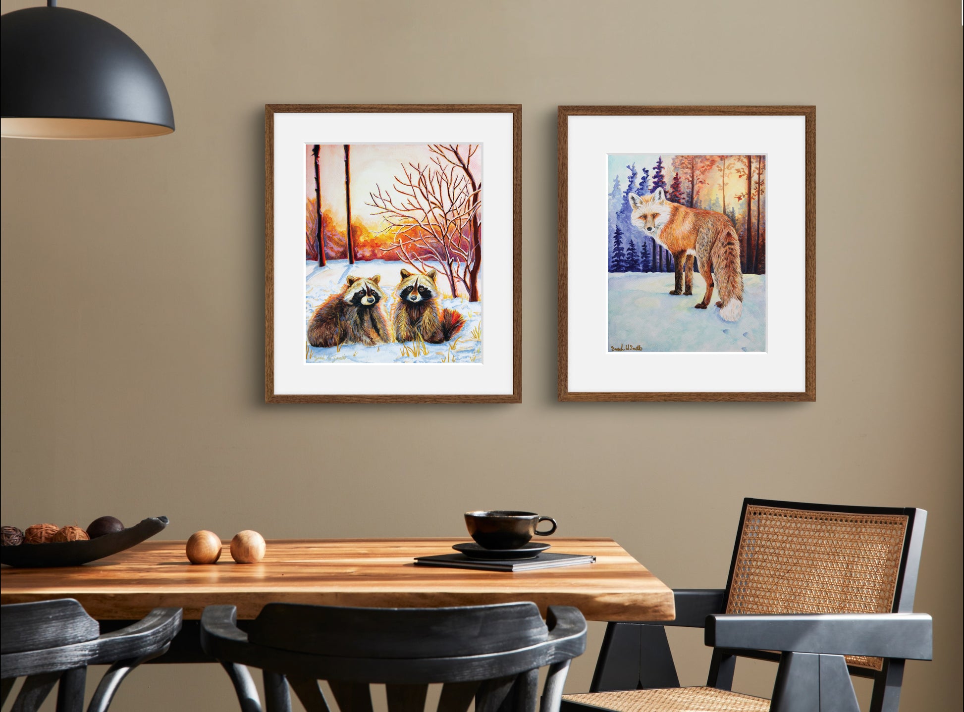 Raccoon Forest Sunrise Watercolor Painting Wall Art Decor "Sprightly Bandits" Art Prints by Sarah Webster Smith