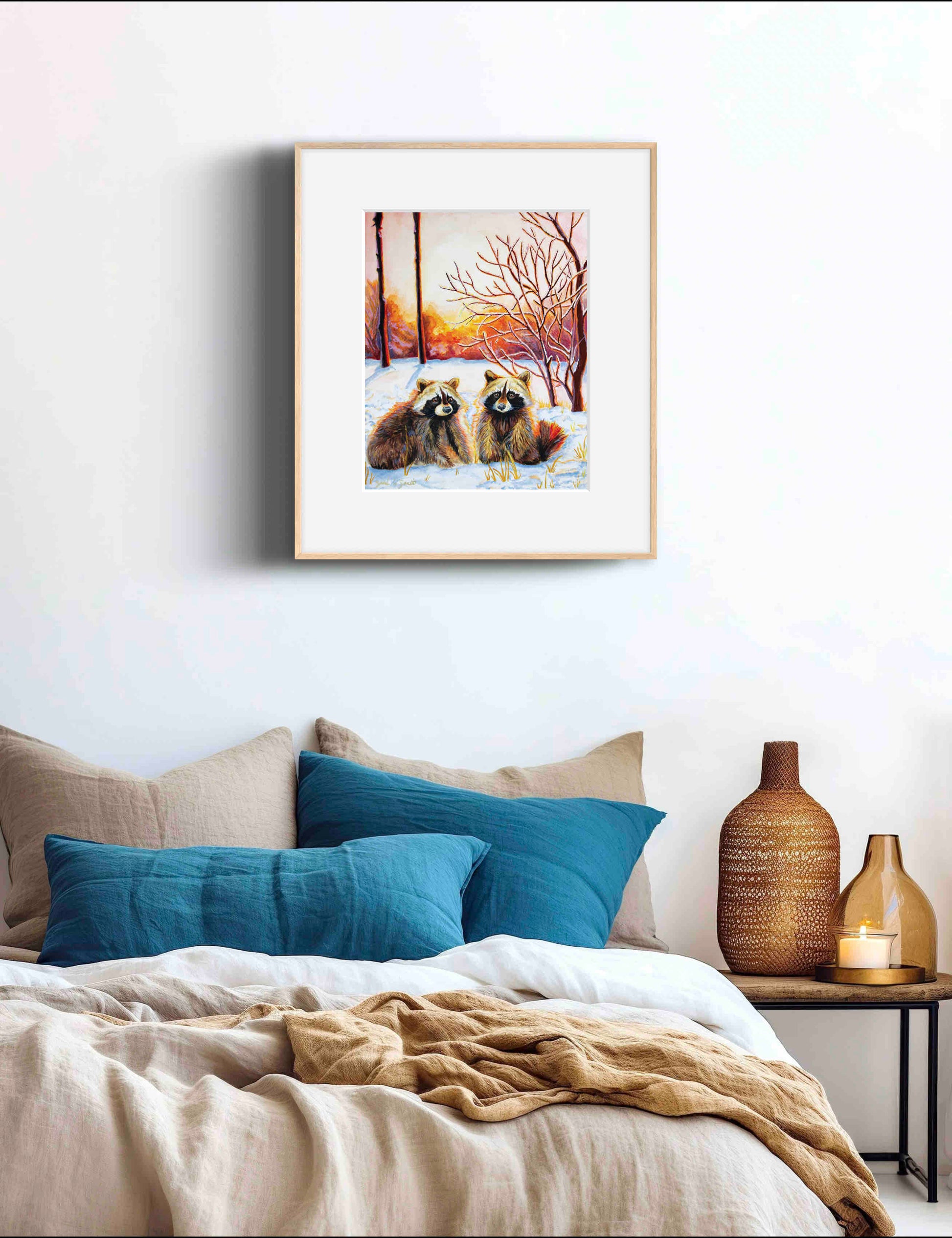 Raccoon Forest Sunrise Watercolor Painting Wall Art Decor "Sprightly Bandits" Art Prints by Sarah Webster Smith