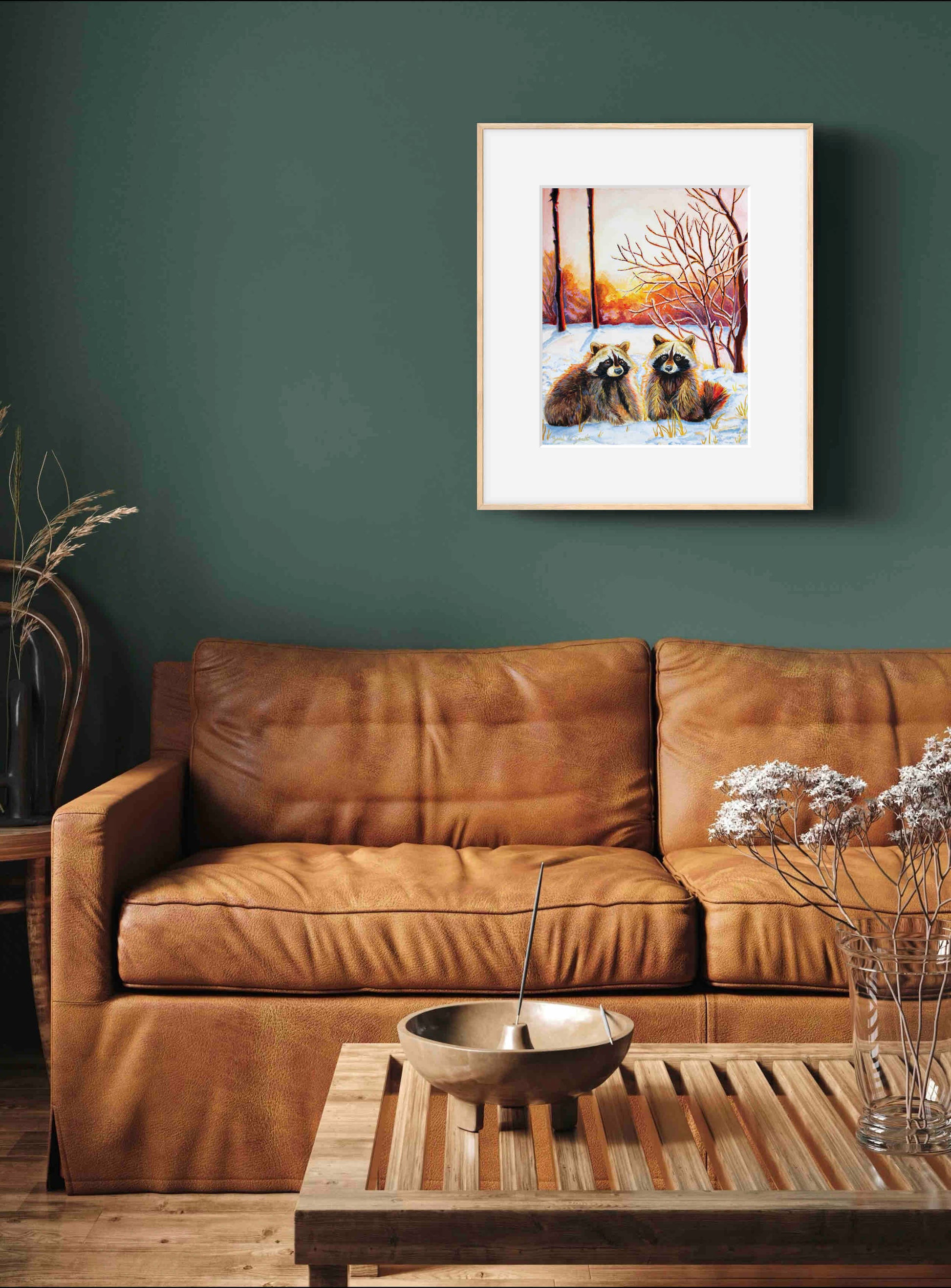 Raccoon Forest Sunrise Watercolor Painting Wall Art Decor "Sprightly Bandits" Art Prints by Sarah Webster Smith