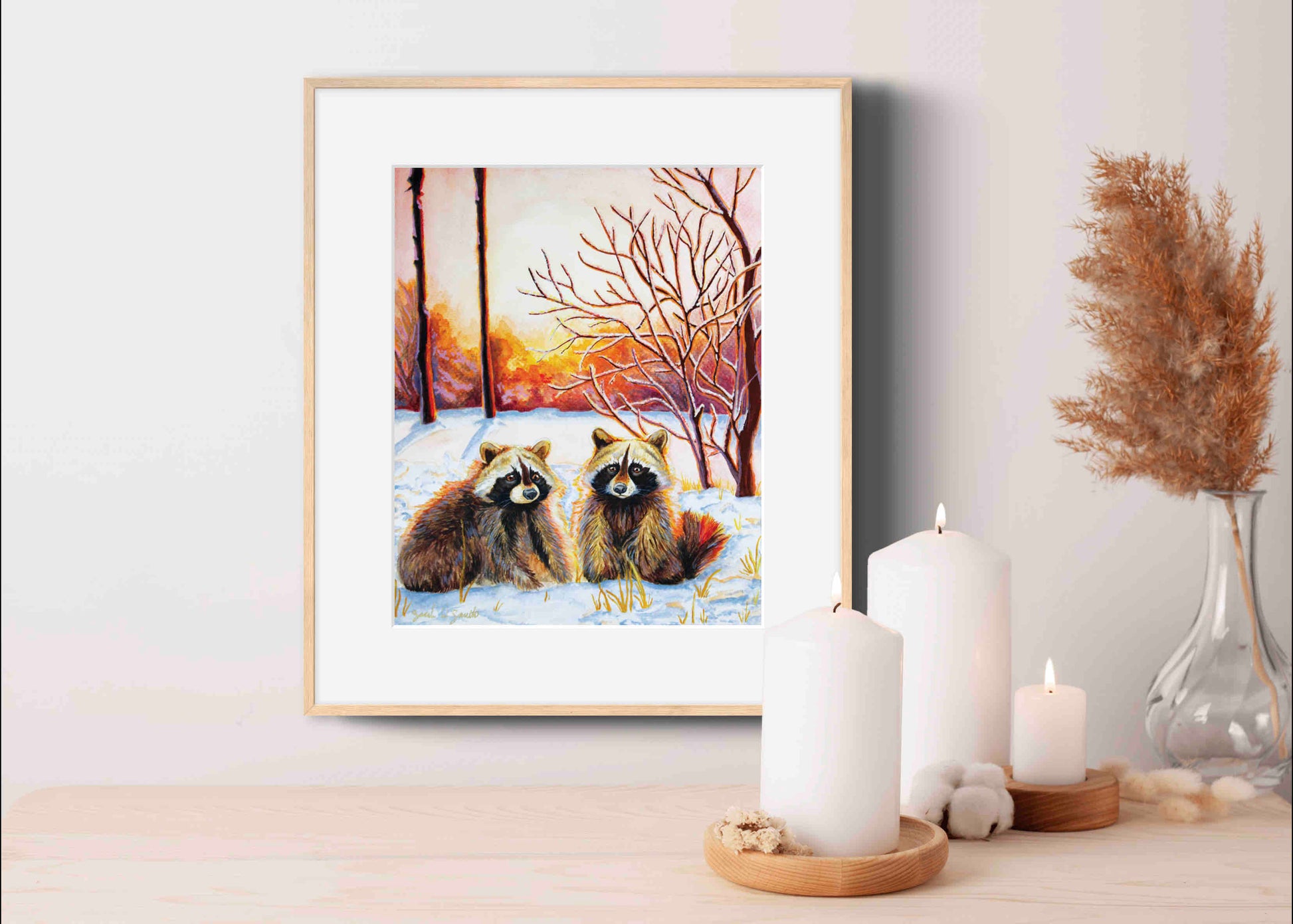 Raccoon Forest Sunrise Watercolor Painting Wall Art Decor "Sprightly Bandits" Art Prints by Sarah Webster Smith