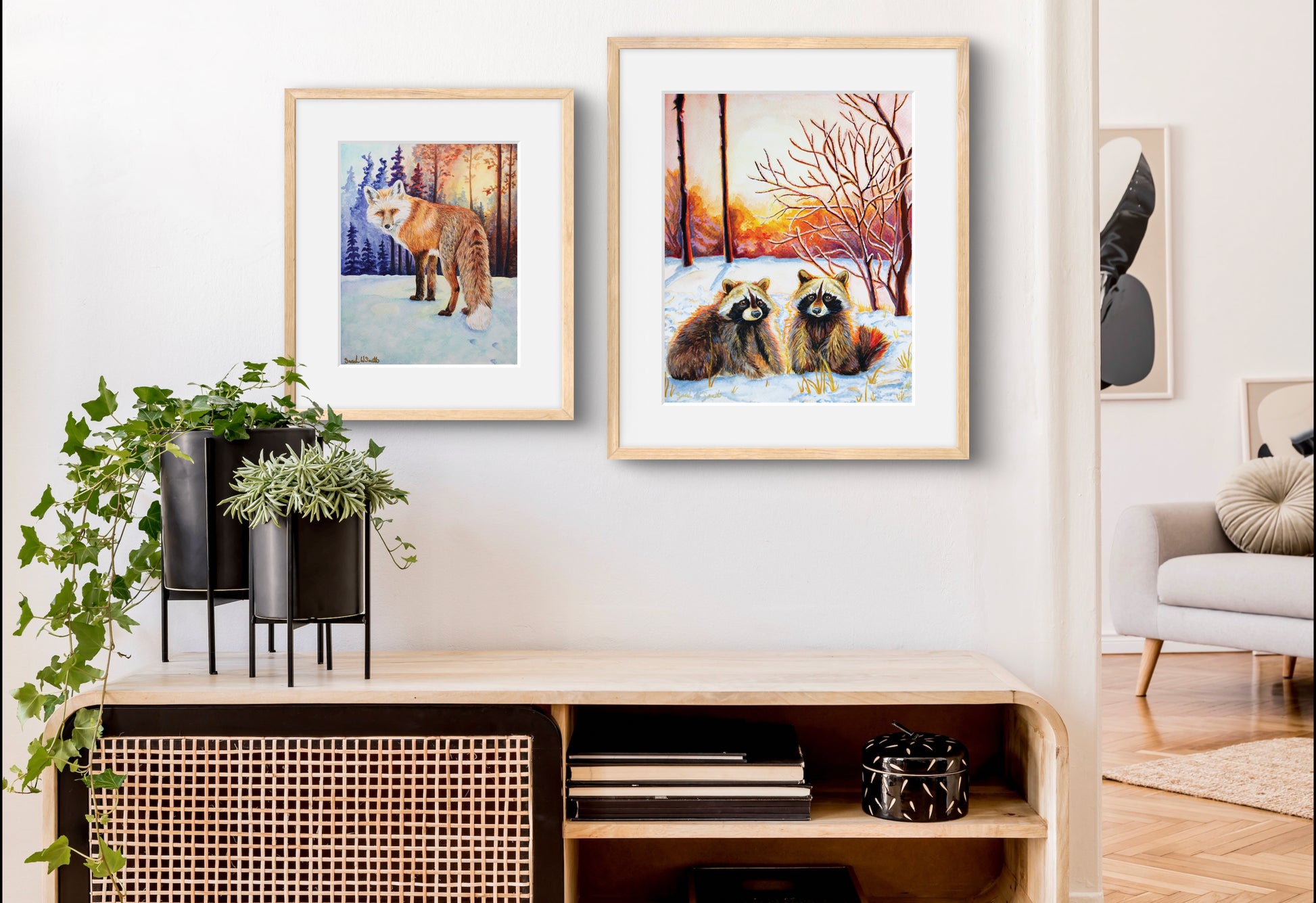 Raccoon Forest Sunrise Watercolor Painting Wall Art Decor "Sprightly Bandits" Art Prints by Sarah Webster Smith