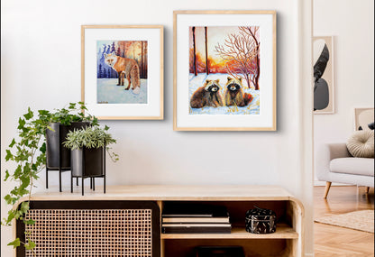 Raccoon Forest Sunrise Watercolor Painting Wall Art Decor "Sprightly Bandits" Art Prints by Sarah Webster Smith