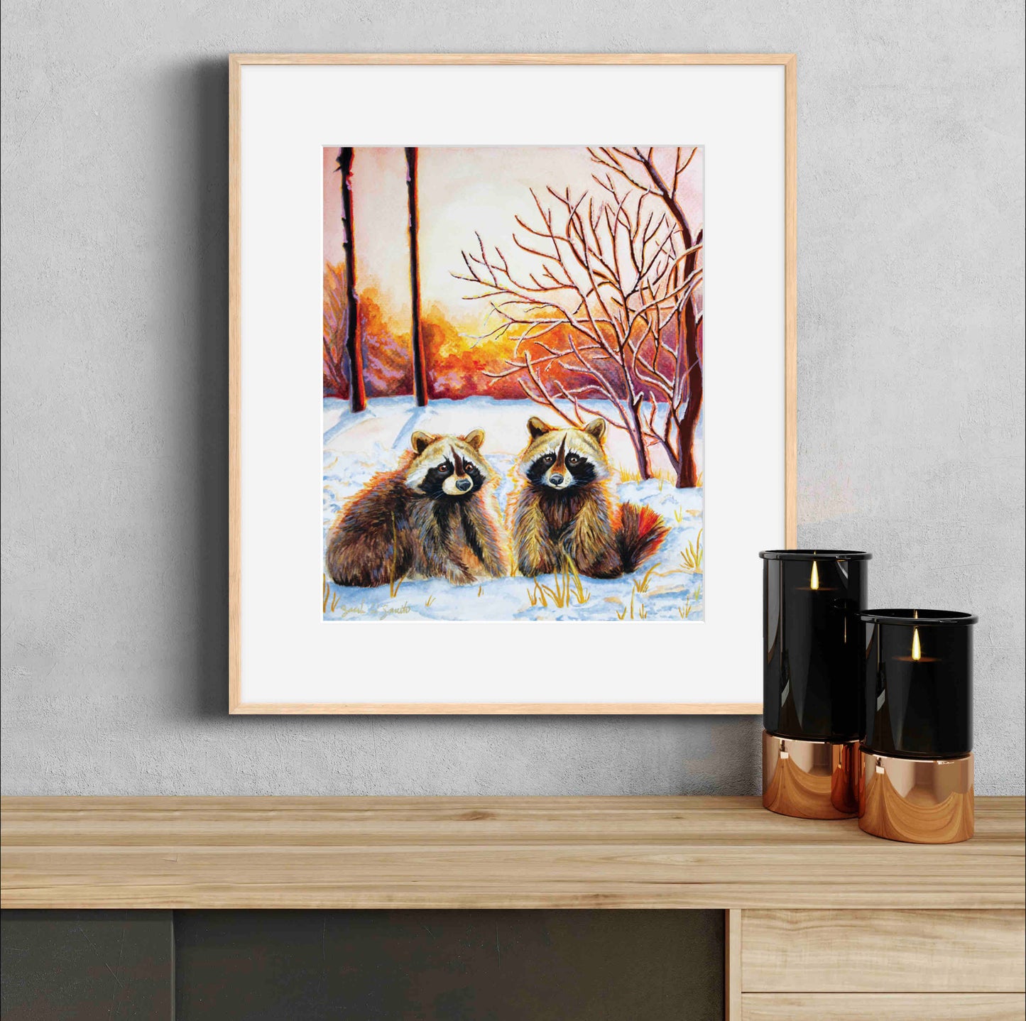 Raccoon Forest Sunrise Watercolor Painting Wall Art Decor "Sprightly Bandits" Art Prints by Sarah Webster Smith