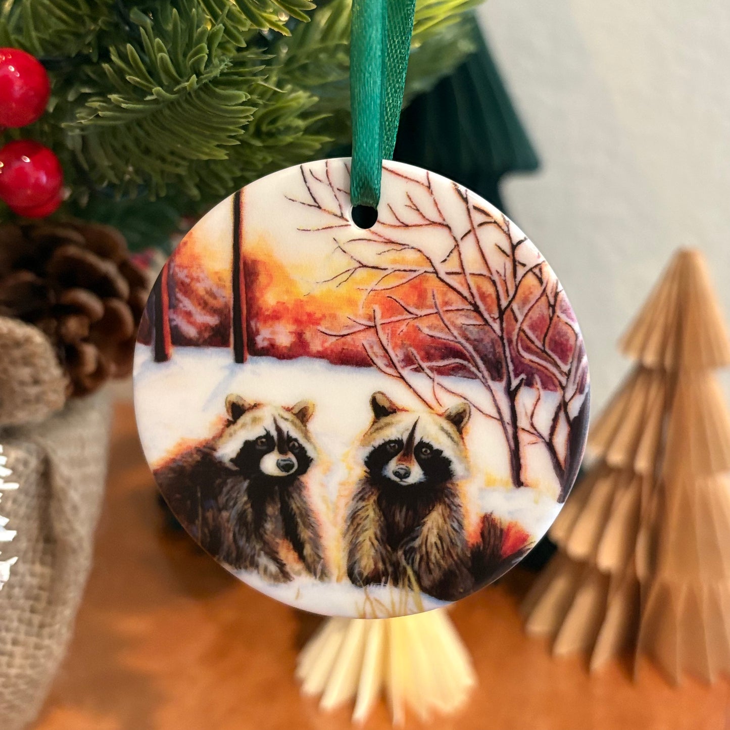 Raccoon Christmas Tree Ornament & Holiday Decor Ceramic Ornament Watercolor Art from Sarah Webster Smith