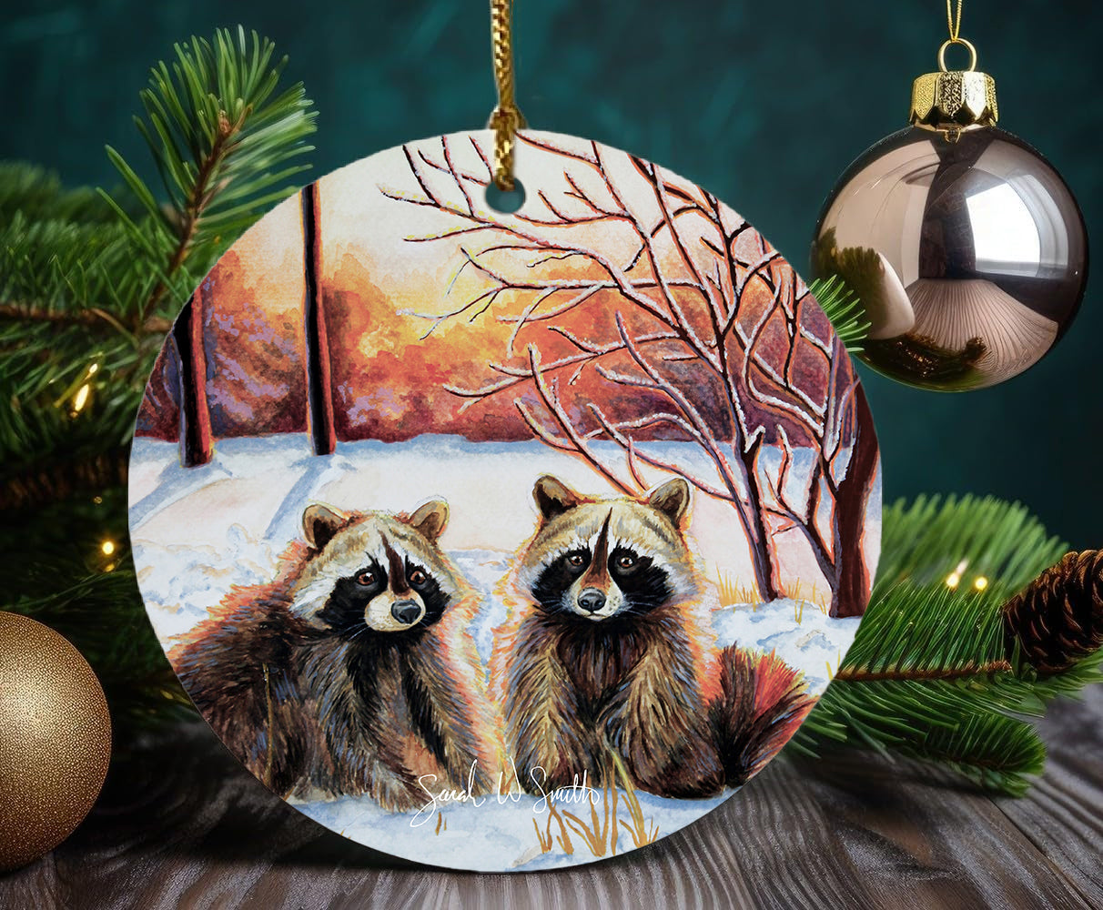 Raccoon Christmas Tree Ornament & Holiday Decor Ceramic Ornament Watercolor Art from Sarah Webster Smith