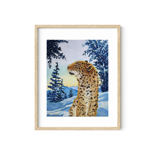 Snow Leopard Painting Morning Sun Mountains Watercolor "Warm Wisp" Wall Art Prints by Sarah Webster Smith